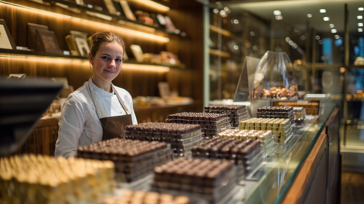 A Swiss chocolatier in a white apron, face visible and smiling, finishing a tray of pralines at a marble counter, glass cases of filled chocolates and walnut pastries behind him.