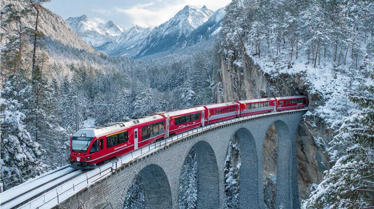 The red Glacier Express panoramic train of the Rhaetian Railway crossing the curved stone Landwasser Viaduct in the Swiss Alps, snow-dusted peaks and forested slopes around it.